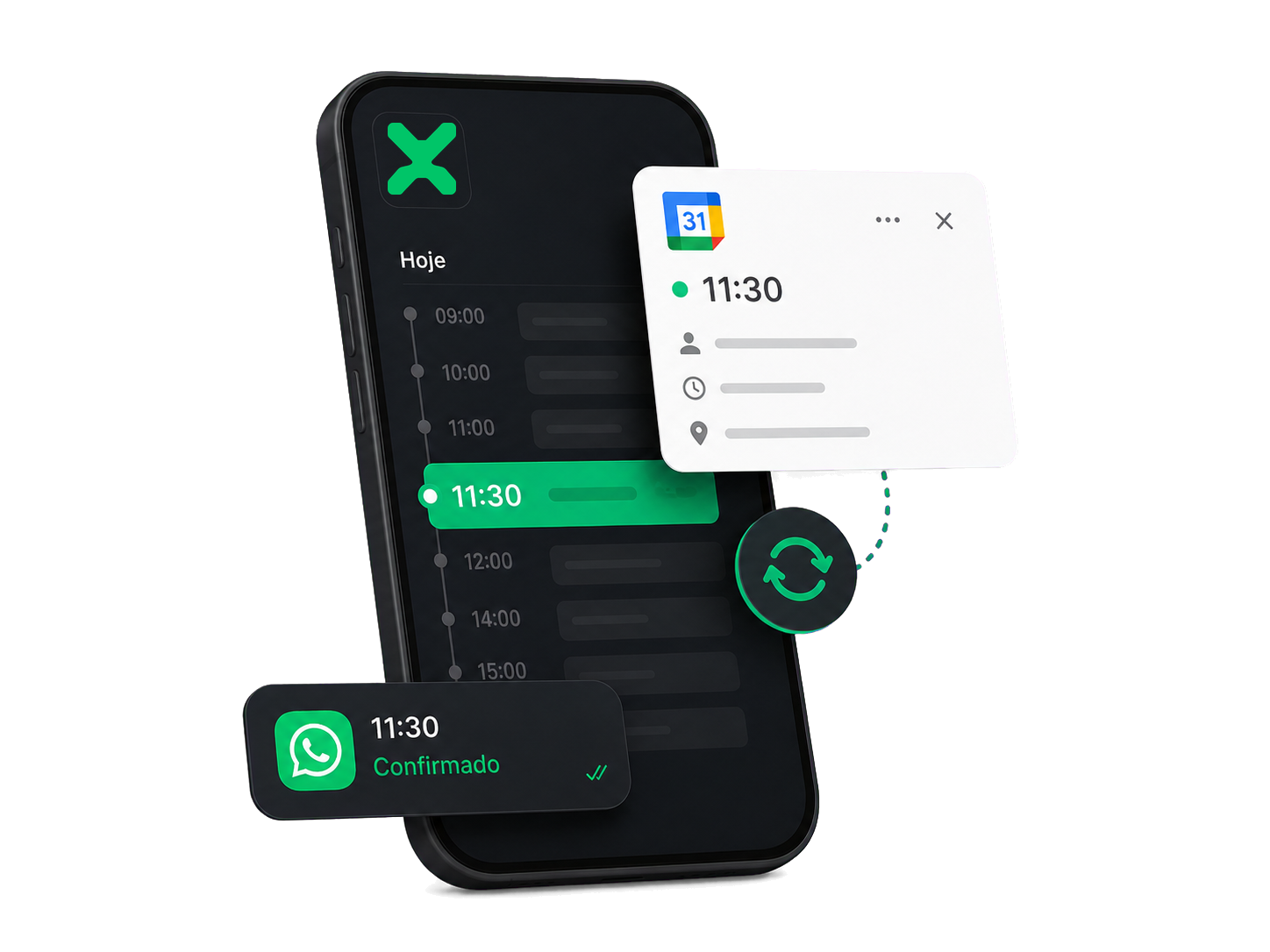 Agenda do Xats com um horário sincronizado e confirmado pelo WhatsApp