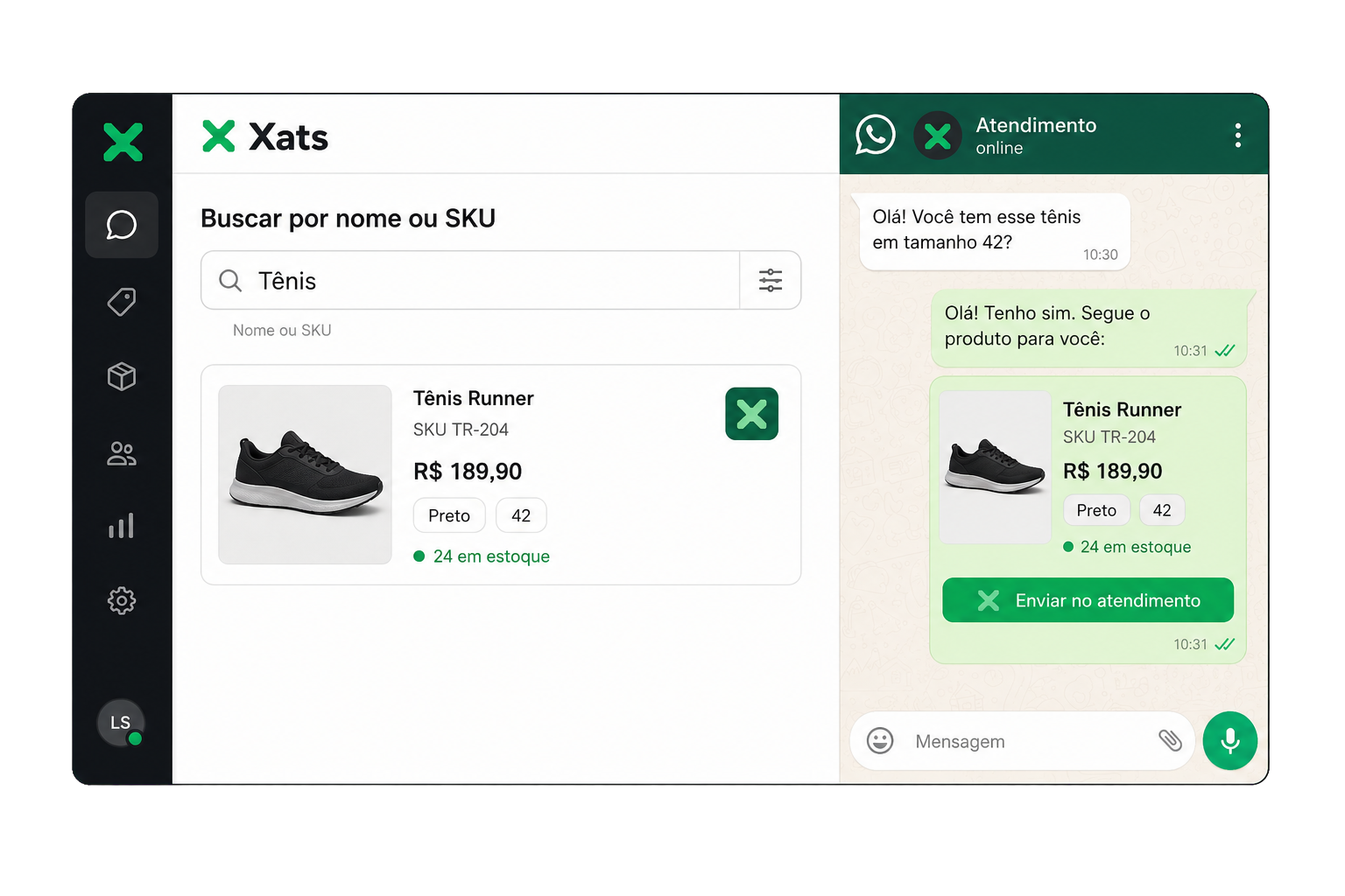 Busca de produto por nome ou SKU no Xats e envio para uma conversa do WhatsApp